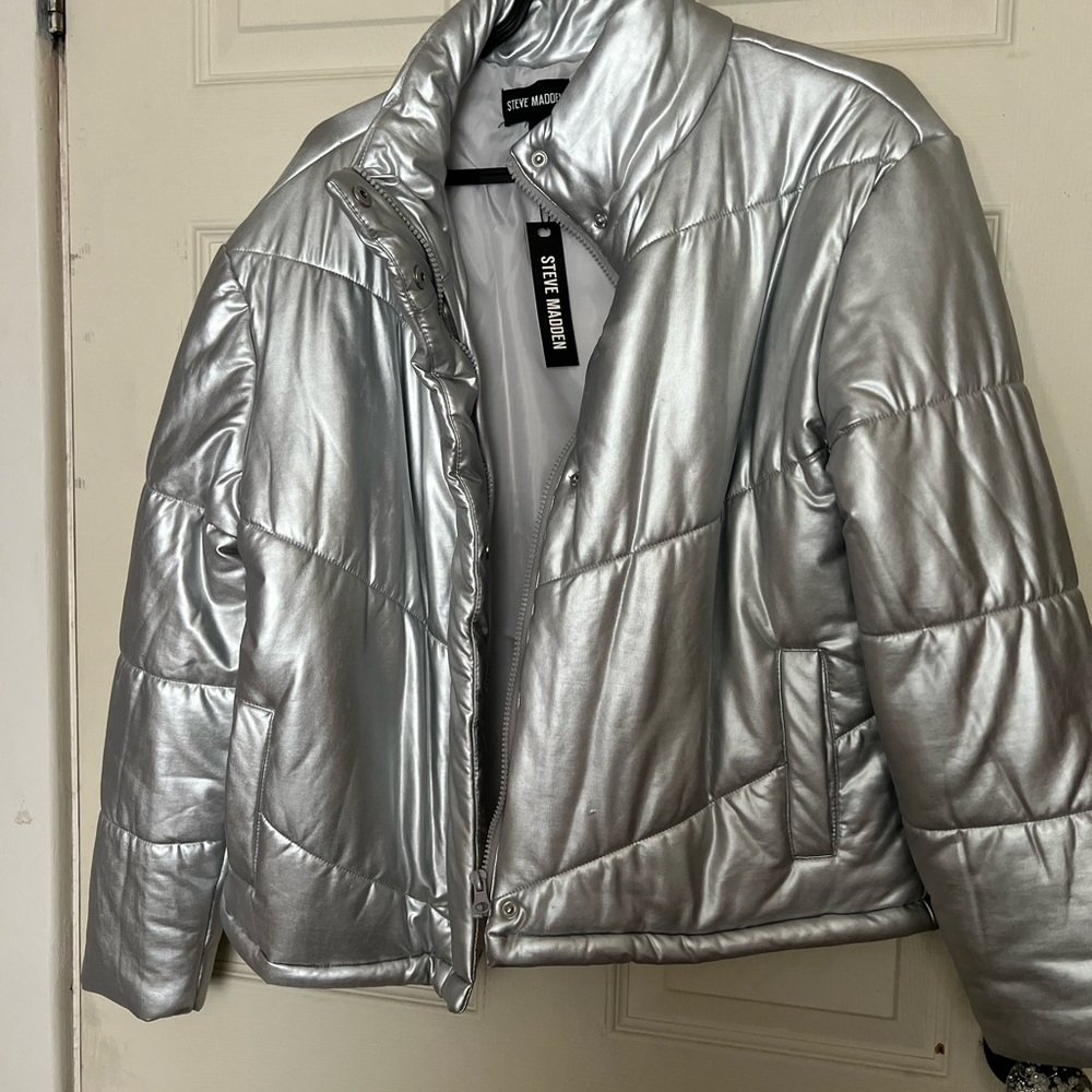 Steve Madden Metallic Silver Puffer Jacket nwt